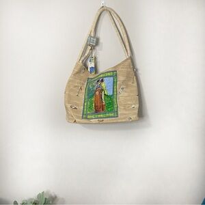 [Vintage] Beige Beach Tote Bag with Artistic Golf Design